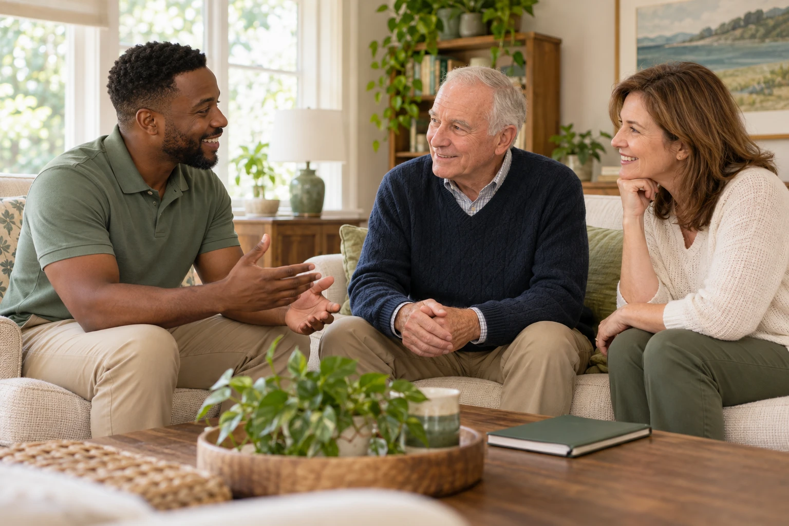 Illustrative photograph of a caregiver speaking with an older adult and his daughter at home